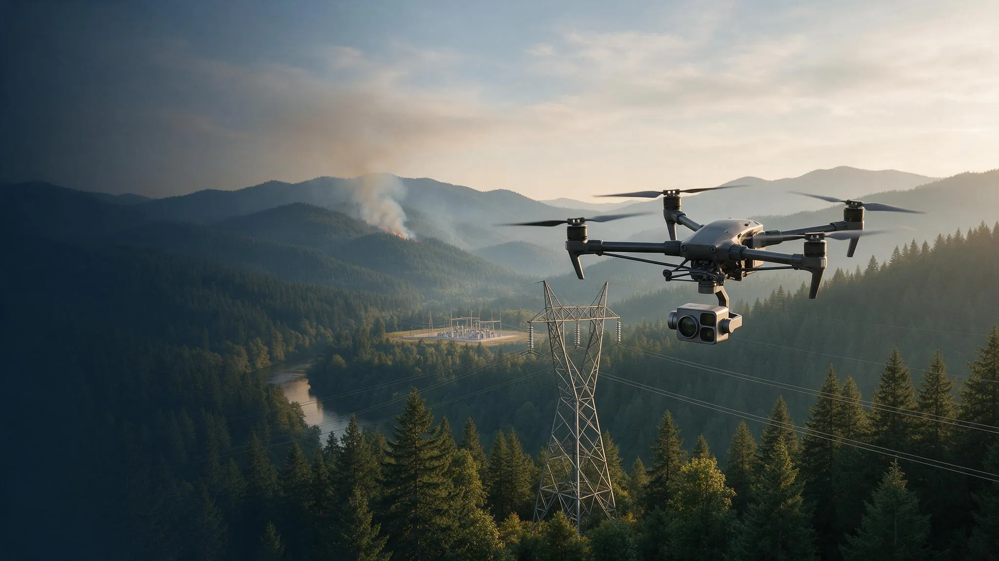 Illustrative drone above power transmission infrastructure in a forested landscape, with smoke visible in the distance.