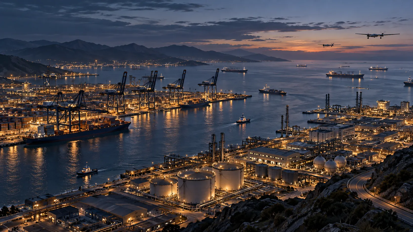 Concept illustration of a port and industrial infrastructure at dusk.