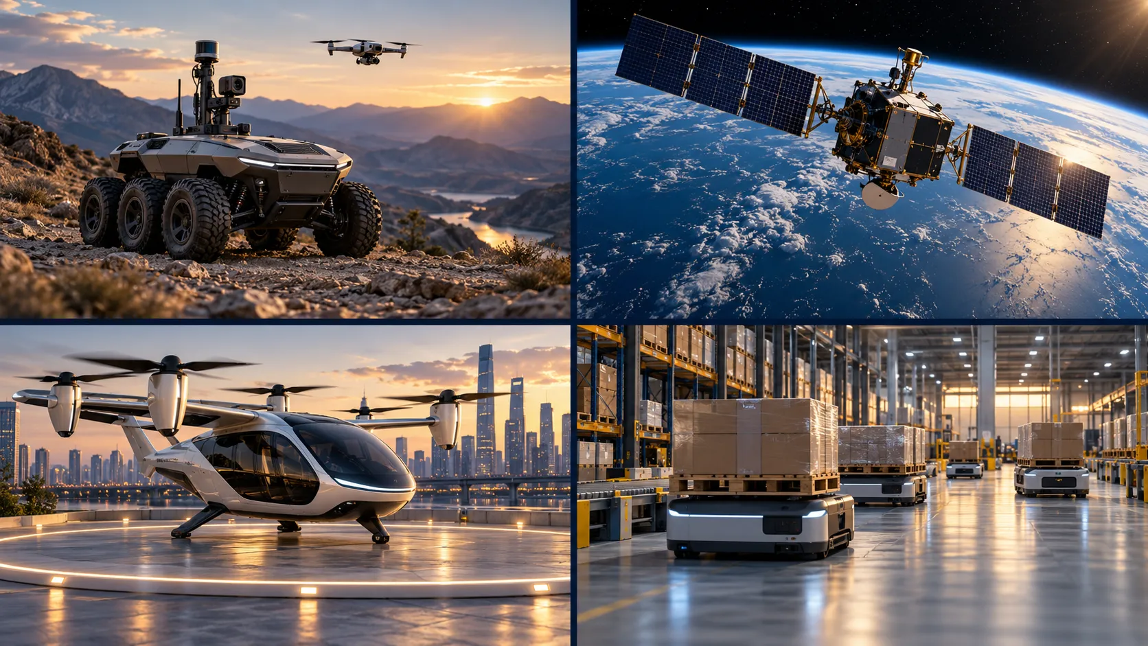 Four conceptual scenes: defense reconnaissance systems at top left, a satellite in orbit at top right, advanced air mobility at bottom left, and autonomous warehouse logistics at bottom right.
